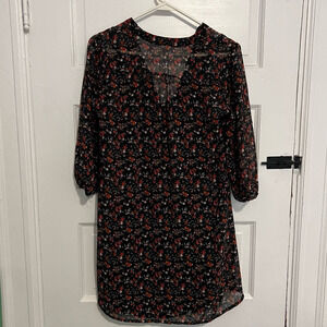 Black Poppy sheer black floral button down dress XS